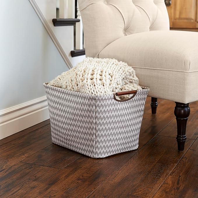 Household Essentials 661-1 Medium Tapered Fabric Storage Bin with Wood Handles | Brown Chevron