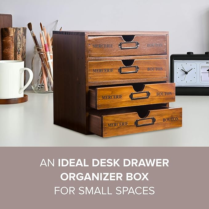Stackable Apothecary Cabinet 4 Drawer Desk Organizer - Vintage Library Card Catalog Wood Storage Box - Office Desktop Dresser for Stationery, Thread Embroidery, Sewing, Crafts, Junk Drawer & Supplies