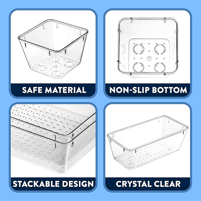 Drawer Organizer Set - Includes 1-piece 9x6" bins, 2-piece 9x3" bins, 6-piece 6x3" Bins, 6-piece 3x3" Bins, Stackable 4 Size Storage Trays for Makeup, Kitchen, and Office, Pack of 15