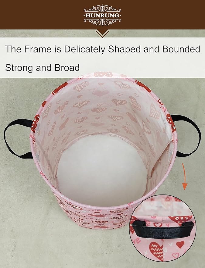 HUNRUNG Laundry Hamper,Large Canvas Fabric Lightweight Storage Basket Toy Organizer Dirty Clothes Collapsible Waterproof for College Dormsï¼Round-Pink Love Heartï¼