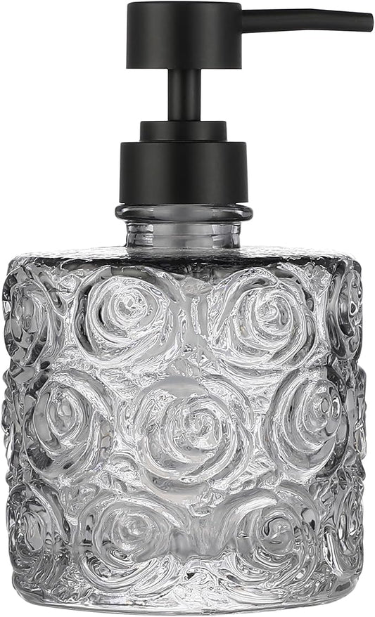 Marcella Glass Soap Dispenser with Soap Pump, Refillable 14 Ounce Capacity, Floral Design Rose Patterns, Heavy Weight Thick Glass for Bathroom, Premium Kitchen Soap Dispenser Gray