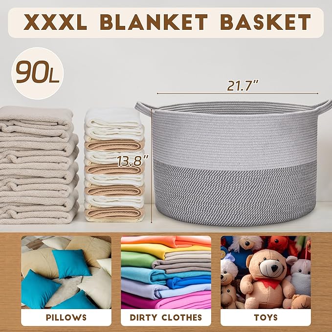 XXXLarge Woven Cotton Rope Basket (21.7" x 13.8") 90L – Blanket Basket for Living Room, Laundry Hamper, Baby Laundry Hamper, Toy Storage, Pillows & Cushions Organizer (Mixed Grey)