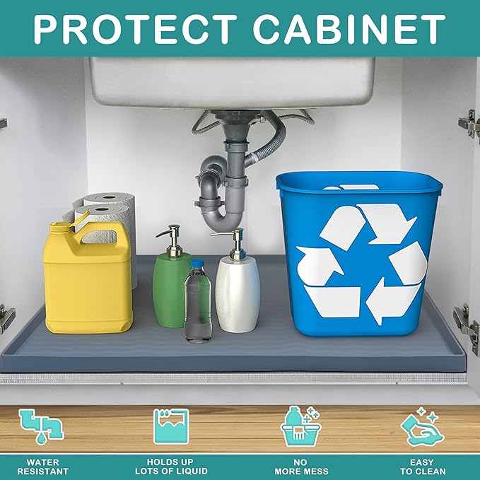 URMONA Waterproof Silicone Under Sink Mat 31'' x 22'' Shelf Liner for Kitchen and Bathroom, Cabinet and Counter Protector, Storage and Organizers, Litter Mat, Pet Cat Puppy Essentials(Khaki)
