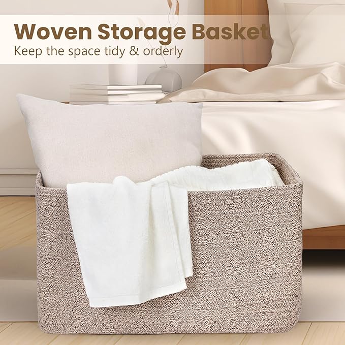 95L Large Blanket Basket, Woven Storage Baskets with Reinforced Handles, Rope Laundry Basket for Living Room, Bedroom, Nursery, Toys, Clothes,Pillows, 24â x 17â x 13.5â, Brown