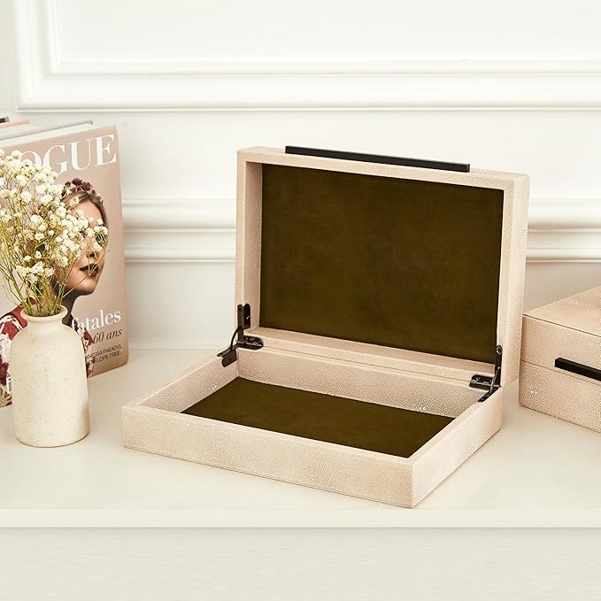 Denique Shagreen Decorative Boxes Set of 2, Leather Jewelry Storage Box Modern Storage Boxes with Lids, Ivory Stacking Boxes with Black Metal Handles Home Organizer Box