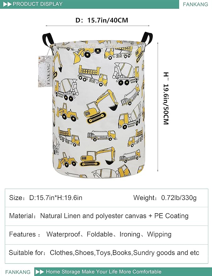 FANKANG Storage Basket, Nursery Hamper Canvas Laundry Basket Foldable with Waterproof PE Coating Large Storage Baskets for Kids Boys and Girls, Office, Bedroom, Clothes,Toysï¼excavatorï¼