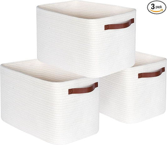 MINTWOOD Design 3-Pack Decorative Woven Storage Baskets for Shelves, Cube Bin Box for Organizing Books, Shoes, Dog Toys, Pantry Closet and Living Room Organizer, Creamy White