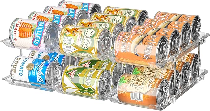 Can Organizer for Pantry, 3 Sets 2Tiers Can Storage Organizer Pantry, Soda Can Organizer for Fridge 24 Cans Rack Automatic Rolling Stackable Canned Food Organizer,Clear
