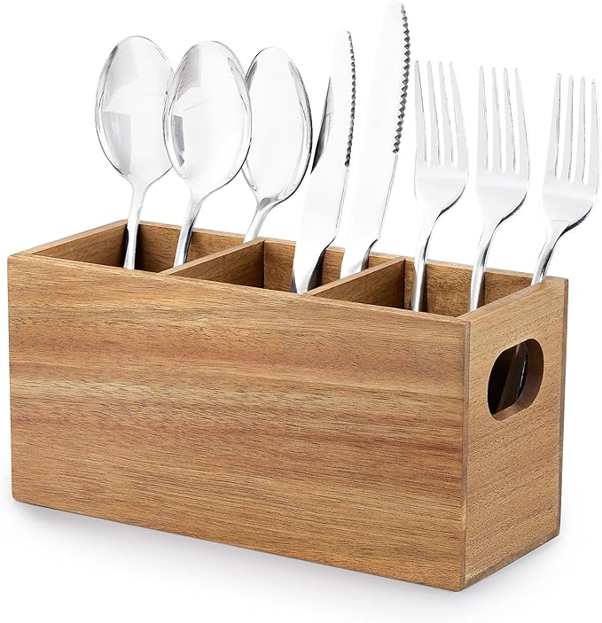 Acacia Wooden Silverware Holder, Kitchen Utensil Caddy with 3 Compartments, Cutlery Storage Organizer Countertop, Flatware Organizer for Party, Spoon, Fork Holder