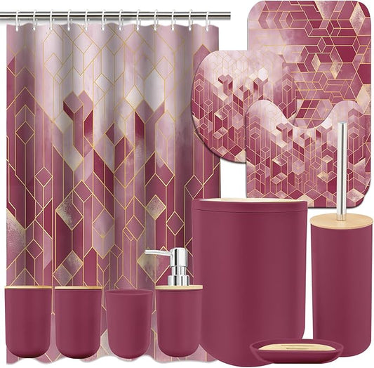 Lnond Red Bathroom Set, Red Abstract Cubes Bathroom Accessories Sets Complete, Luxury Restroom Set with Shower Curtain and Rugs, Trash Can, Toilet Brush Holder Set & Soap Dispenser