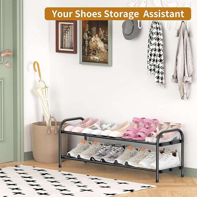 2-Tier Expandable Shoe Rack for Entryway，Adjustable Metal Shoe Organizer for Closet,Living Room,Dorm,Black