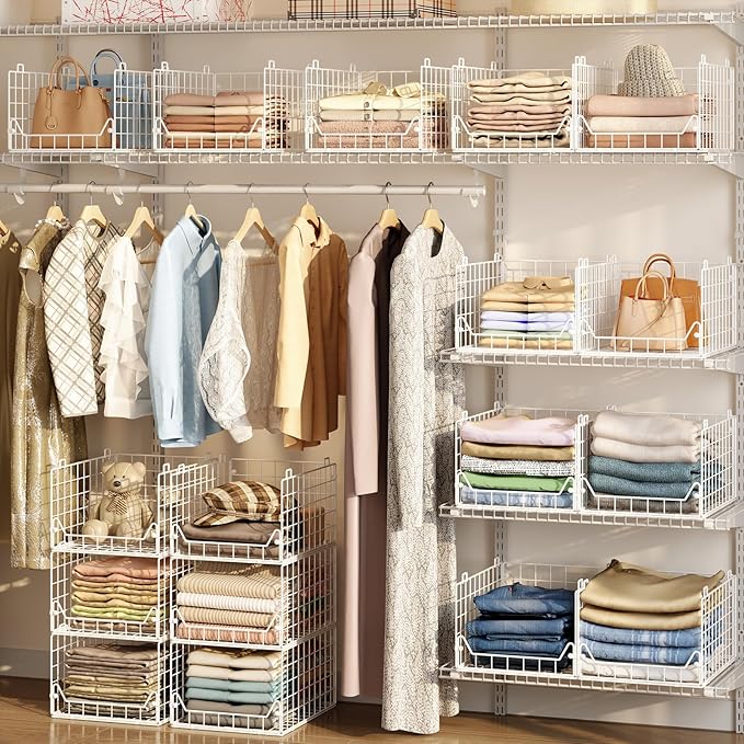 6-Tier Closet Shelf Organizer,Metal Stackable Closet Organizers and Storage,Clothes Storage Bins,Shelf Organizer Basket ,Folded Shelf Organizer for Closet Wardrobe,White