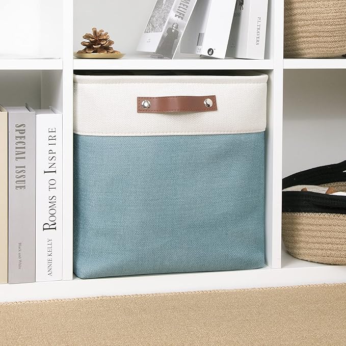 DULLEMELO Cube Basket for Storage, Collapsible Fabric Cube for Organizing, Storage Cube for Closet, Laundry, Nursery, Shelves, Decorative Basket for Gifts Empty (White&Teal)
