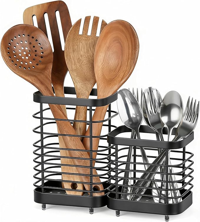 Utensil Holder, Stainless Steel Utensil Drying Rack for Kitchen Counter, Silverware Cutlery Flatware Holder Forks, Knives, Spoons, Chopsticks Organizer (Black, Tall & Short)