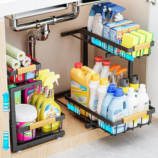 ADBIU Under Sink Organizer 2 Pack, 2 Tier Pull Out Cabinet Organizer with Expandable Height (13.2"-17.2"), Slide Out Metal Storage Shelves for Kitchen, Bathroom, Pantry and Under Cabinet