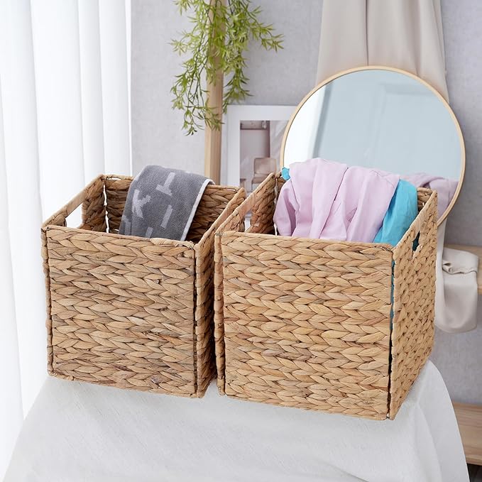 2-Pack Foldable Wicker Cubes 12x12x12 Inch, Cube Storage Bin Woven Storage Basket, Square Wicker Basket for Home & Kitchen Shelf Organizers, Decorative Storage Basket for Bedroom/Bathroom/Office