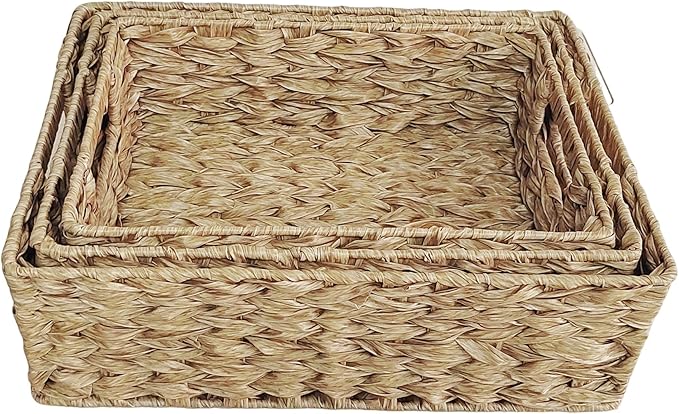 Square Basket Set of 3, Woven Basket,Decorative Woven Tray for Home Decor, Bathroom, Kitchen Counter