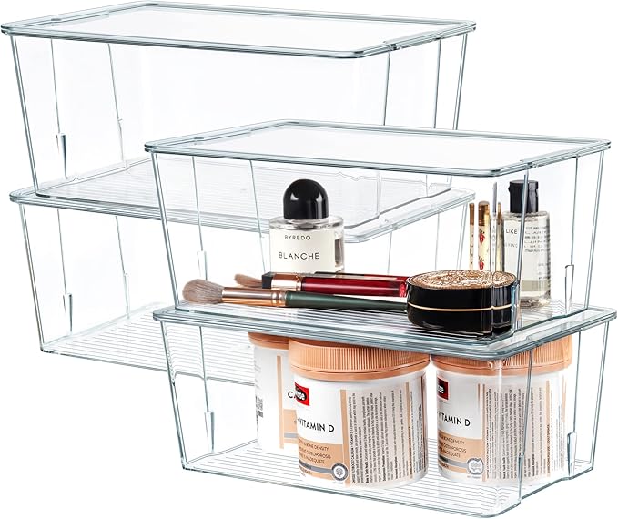 Hudgan Clear Plastic Storage Organizer Bins with Acrylic Lids for Home Office, Kitchen, Cupboard, Pantry Shelves, Medicine Cabinet, Craft Rooms - 4.5-Inches Tall - 4 Pack