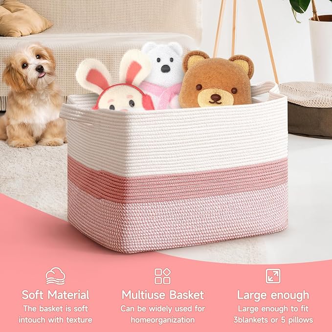 CLHMILY&Z Stylish Square Cotton Rope Storage Basket (Pink & White, 85L)