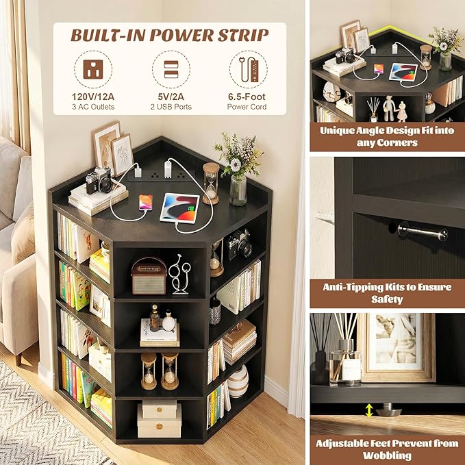 Aheaplus Corner Cabinet, 5-Tier Corner Bookshelf with Power Outlets, Corner Cube Storage Shelf with Top Table, Wooden L Cubby Toy Storage with 12 Cubes for Home Office, Bedroom, Living Room, Black