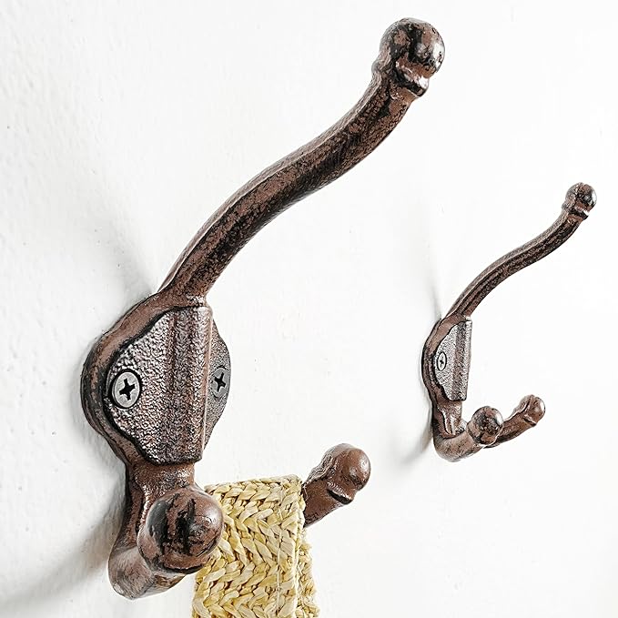 Dseap Cast Iron Wall Hooks L=5”, Heavy Duty Coat Hooks, Rustic Vintage Farmhouse Hook for Hanging Winter Coats Jackets Towels Hats Bags Plants, Antique Brown, Pack of 10 (GripBold)