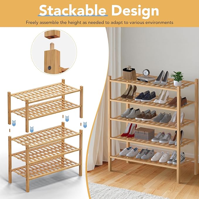 Haddockway 3 Tier Bamboo Shoe Rack Storage Organizer, Multifunctional Free Standing Stackable Shoe Shelf with Grid Panel for Closet,Hallway,Entryway,Small Space 27"x11"x20"