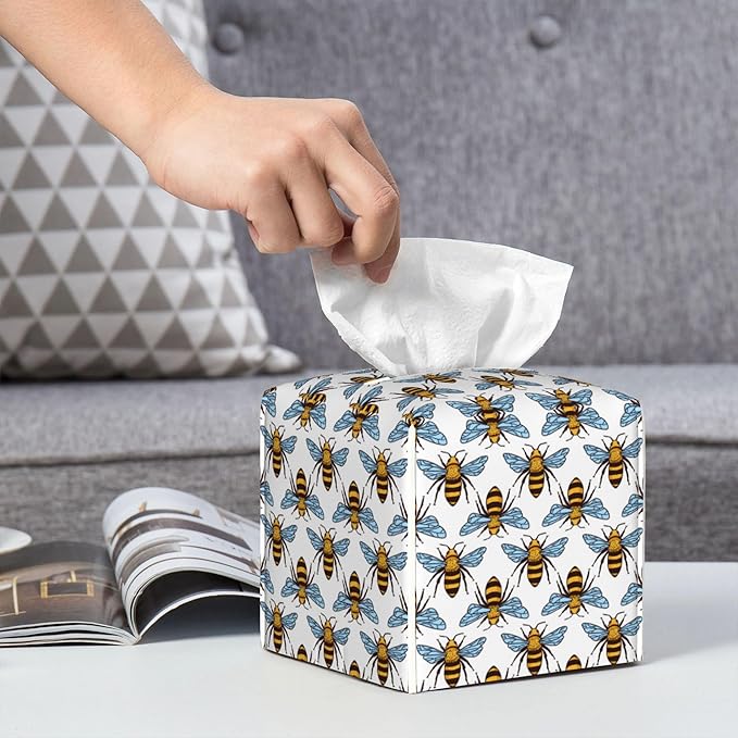 Honey Bee Tissue Box Cover Leather Tissue Box Holder Square Facial Paper Organizer Dispenser for Bathroom Kitchen Bedroom Vanity Countertop Night Stands