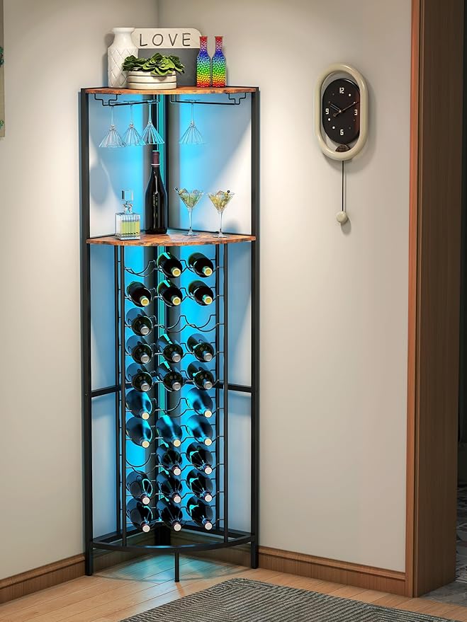 Corner Wine Rack with Led Strip Light Freestanding Floor with Wine Glass Holder 30 Bottle Wine Holder Rack Industrial Corner Liquor Cabinet Bar for Home Bar Kitchen Living Room (Rustic Brown)