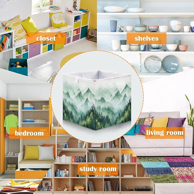 Blueangle Green Mountains Cube Storage Bin, 11 x 11 x 11 in, Large Collapsible Organizer Storage Basket for Home Décor