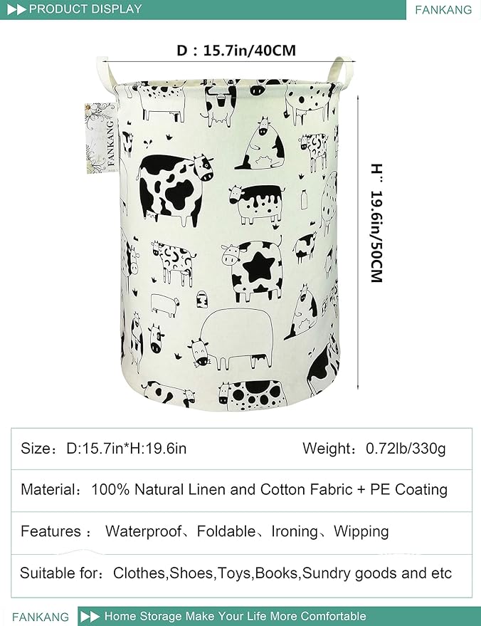 FANKANG Storage Basket, Nursery Hamper Canvas Laundry Basket Foldable with Waterproof PE Coating Large Storage Baskets for Kids Boys and Girls, Office, Bedroom, Clothes,Toysï¼Cowsï¼