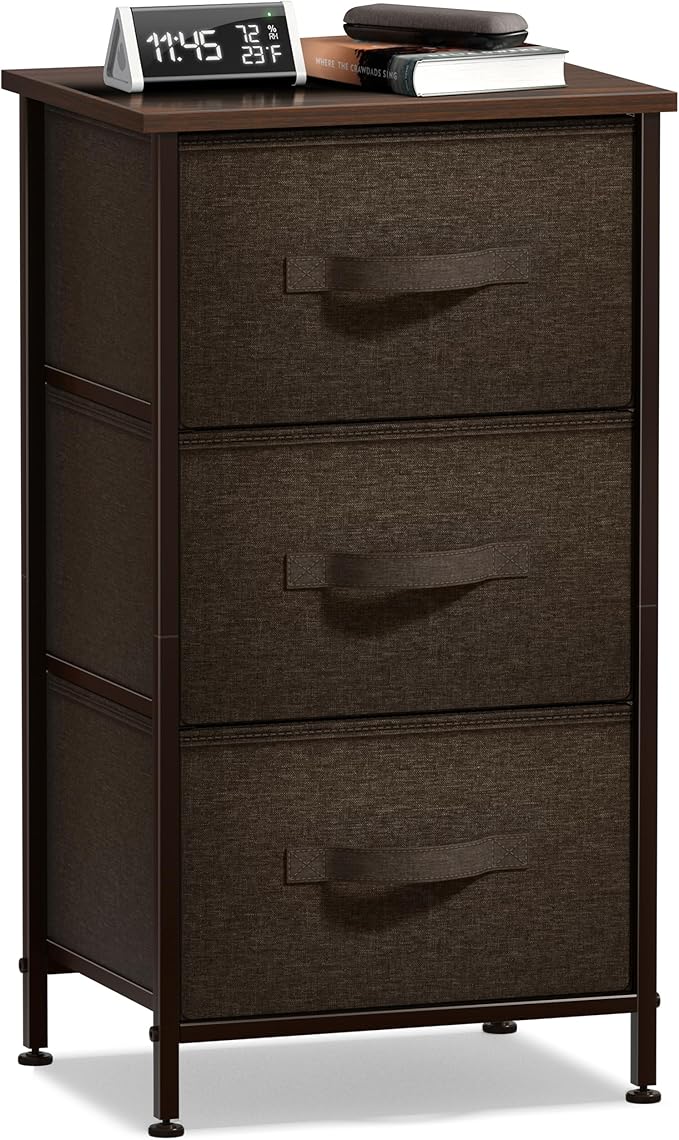 Sorbus Nightstand with 3 Drawers - Bedside Furniture & Night Stand End Table Dresser with Steel Frame, Wood Top, Easy Pull Fabric Bins for Home, Bedroom Accessories, Office & Dorm