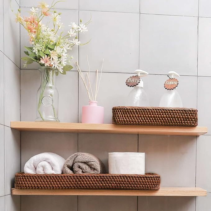 Rattan Toilet Tank Basket Guest Towel Holder for Serving Organizing Bread Shelves 17'' x 6'' x 2'' Bathroom Counter and Storage Decorative Wicker Tray (17 x 6 x 2 inches, Dark Brown)