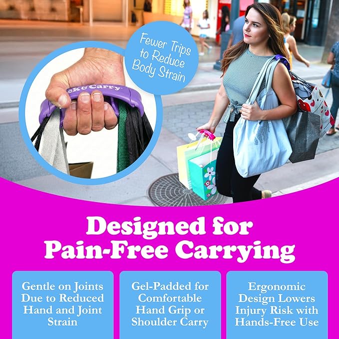 Click & Carry Grocery Bag Carrier Handle - Carry More in Fewer Trips, 100lb Capacity, Hands-Free, Gel-Padded Ergonomic Design, Shopping & Grocery Bag Holder - As Seen On Shark Tank, Purple, 2 Pack