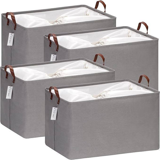 Hinwo 70L Extra Large Storage Bins, 4-Pack Closet Organizers and Storage, Foldable Clothes Storage Baskets with Handles, Containers for Clothing, Blanket, Comforters, Toys, Bedding (Gray)
