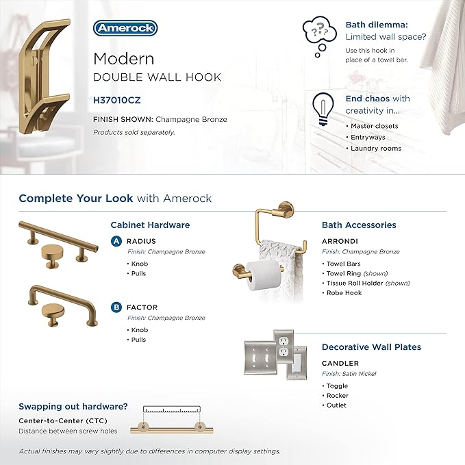 Amerock H37010CZ | Avid Double Prong Decorative Wall Hook | Champagne Bronze Hook for Coats, Hats, Backpacks, Bags | Hooks for Bathroom, Bedroom, Closet, Entryway, Laundry Room, Office