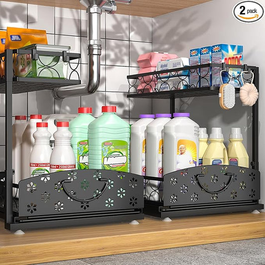 2 Packs Under Sink Organizer, High Adjustable 2 Tier Under Kitchen sink organizer, Multi-Purpose Storage Shelf for Kitchen Bathroom Cabinet, Black (Black02)