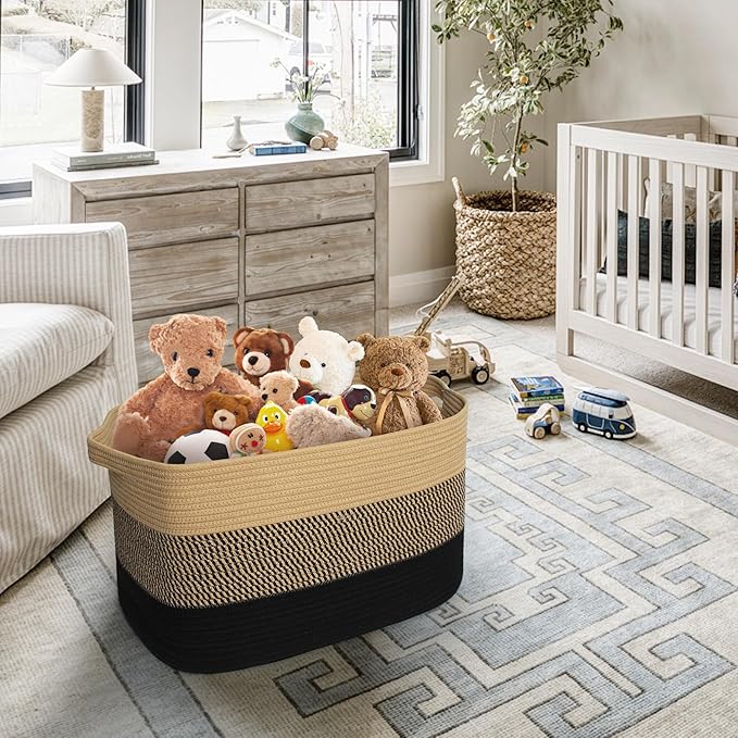 Extra Large Blanket Basket, 23.6"x15.7"x14.1" Woven Blanket Storage for Living Room, Oversized Wicker Floor Basket, Big Cotton Rope Kids Dog Toy Bin Box, Decorative Rectangle Pillow Holder