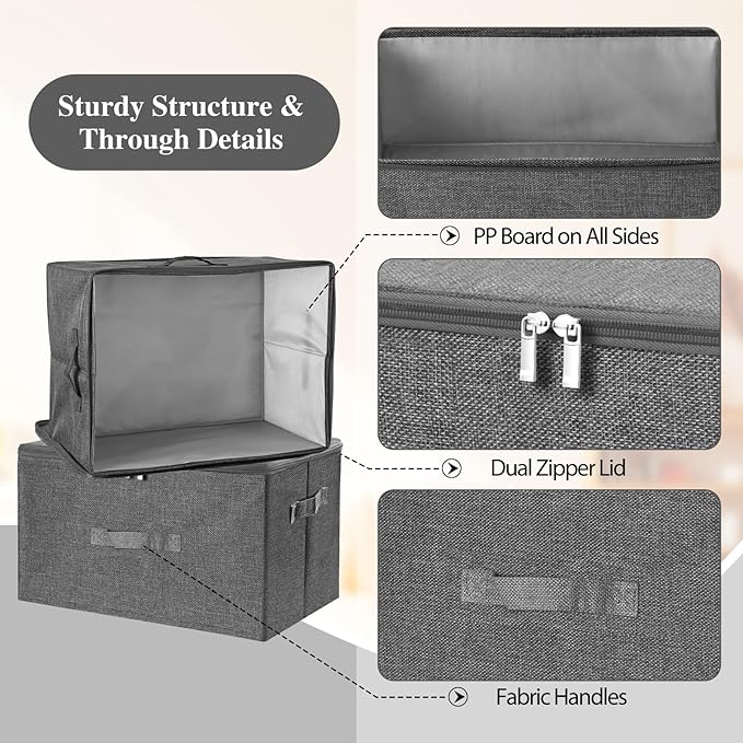 ANMINY 2PCS Storage Bins with Zipper Lids 13 Qt Lidded Fabric Storage Boxes Baskets Cubes with Handles Collapsible Washable Cotton Linen Closet Shelf Clothes Organizer Containers - Gray, Small