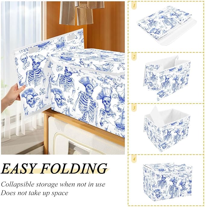 Collapsible Storage Bins with Lids Decorative Fabric Storage Cubes Closet Organizer and Storage Basket Boxes Containers for Clothes Box Chest Nursery Folding Rectangle Retro Blue Skull Pirate