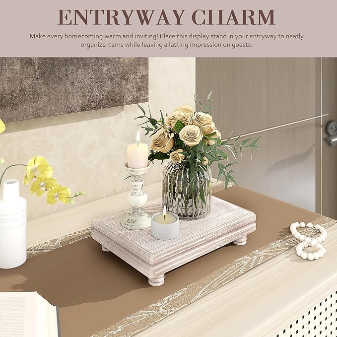 EOSAHR Decorative Tray Wood Pedestal Stand â Farmhouse Wooden Tray for Soap Holder & Bathroom Accessories - Kitchen Essentials & Bathroom Organizer for Home Decor (Natural Wood)
