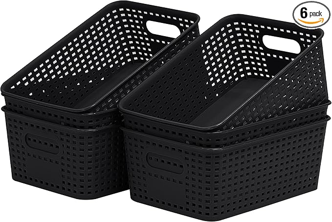 Soddeph 6 Pack Plastic Storage Baskets with Handles,Stackable Organizer Bins for Closet, Bathroom, Kitchen, Office, Shelf and Cabinet Organization (Black, Grid-6PACK)