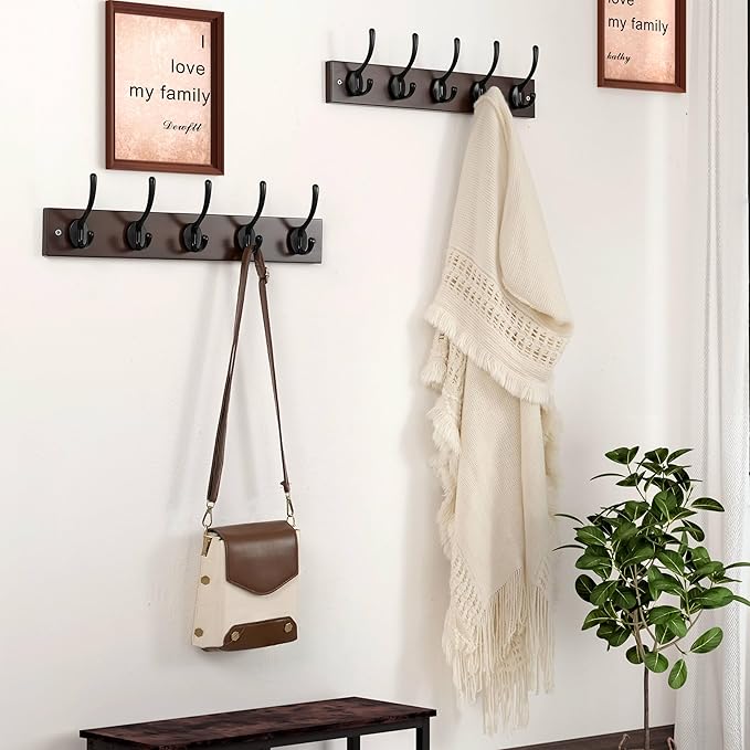 Dseap Wall Mounted Coat Rack: 16" Hole to Hole, Coat Hook Hanger with 5 Metal Hooks for Hanging Coats Towels Hats Clothes,Light Walnult