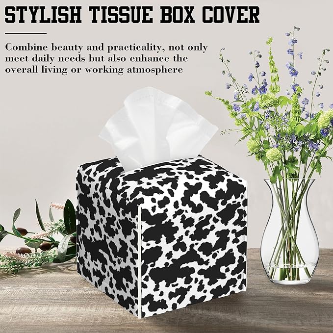 Tissue Box Cover Cow Print Leather Tissue Box Holder Cube Paper Case Cover Facial Paper Organizer Dispenser for Bathroom, Vanity Countertop, Office Desk