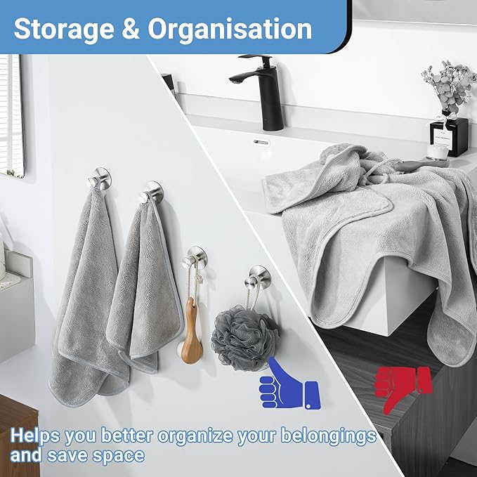 SAYAYO Self Adhesive Hooks for Hanging, Brushed Nickel Towel Hook for Bathrooms Coat Hooks Wall Mount, Stick on Hook SUS304 Stainless Steel, 4pcs