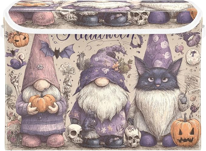 Halloween Gnomes Cat Bat Beige Collapsible Storage Bins with Lids Decorative Fabric Cubes Closet Organizer Basket Boxes Containers for Clothes Box Chest Nursery F