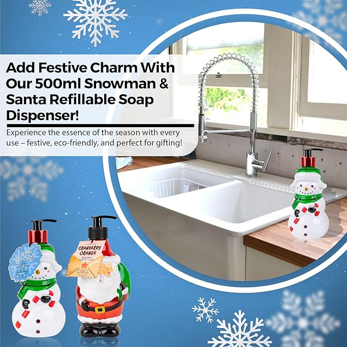 Simple Pleasures Snowman & Santa 2 Pack: Cranberry Orange Scented Decorative Refillable Soap Dispensers for Kitchen Countertops and Bathroom Sinks