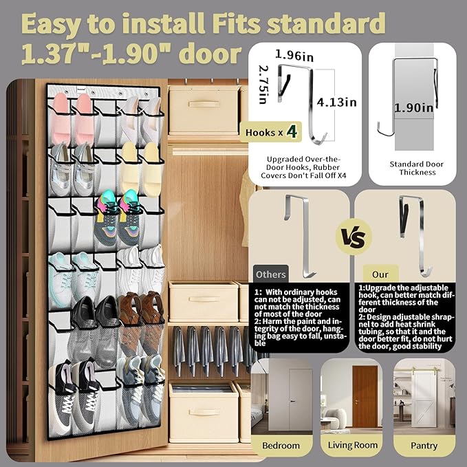 PAULONE Massive 70-Inch Dual-Side Family Organizer - Stores Shoes, Handbags, Toys & Baby Gear, Heavy Duty Over Door Storage System for Every Room (White)