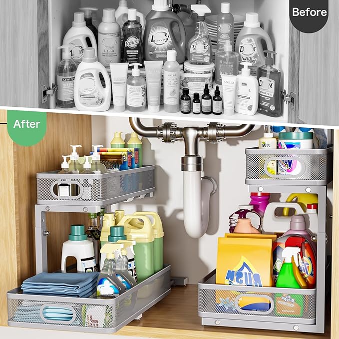 Under Sink Organizer, Height Adjustable 2 Tier Under Sink Organizers and Storage, Slide Out Metal Cabinet Organizers, Pull Out Sink Storage Drawer Shelf for Kitchen Bathroom Cabinet, Grey, 1 Pack