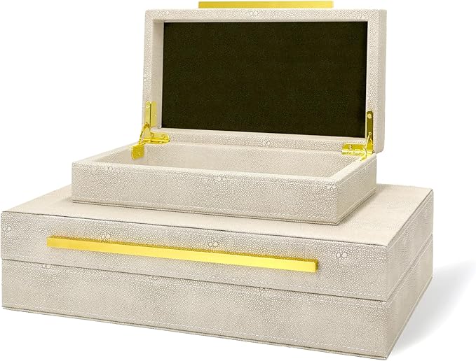 Modern Decorative Box Faux Shagreen Leather, Decorative Storage Boxes with Lids for Home Decor, Large Multifunctional Storage Jewelry Box Organizer(Ivory)