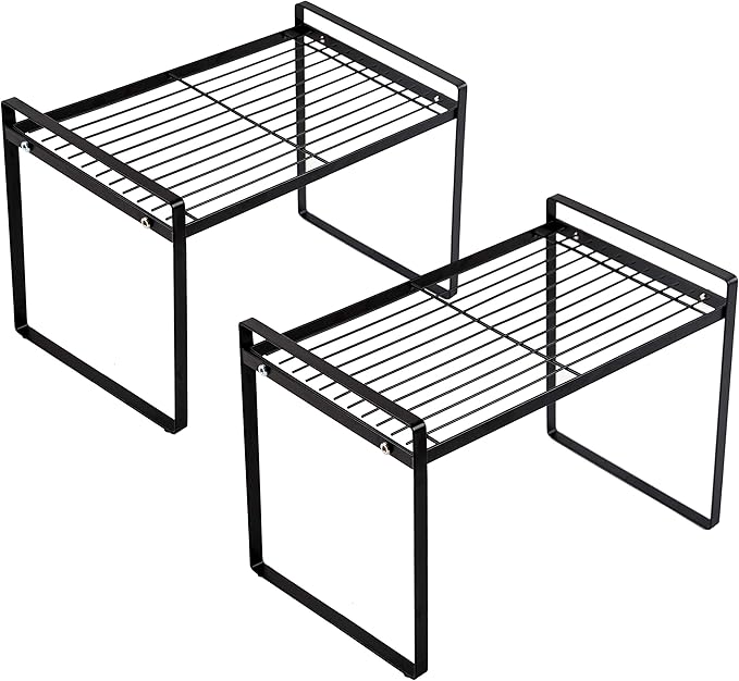 2pk Kitchen Cabinet Shelf Counter Organizer Rack Pantry Storage Bathroom Bedroom Office Table Desk Space Saving Steel Frame Stackable Rust Resistant Non Slip Black-Tall-L13in W8.3in H9.5in